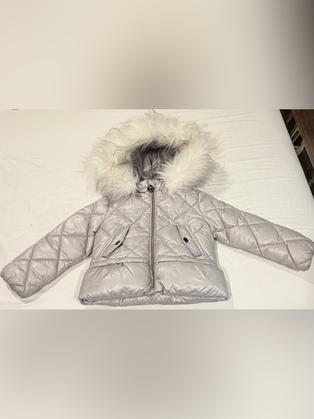 Michaels Kors Light Silver Quilted Puffer Jacket with Faux Fur Hood